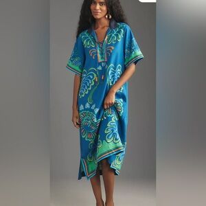 Anthropologie Farm Rio Linen/Viscose Short Sleeve Collared Midi Dress Size XS